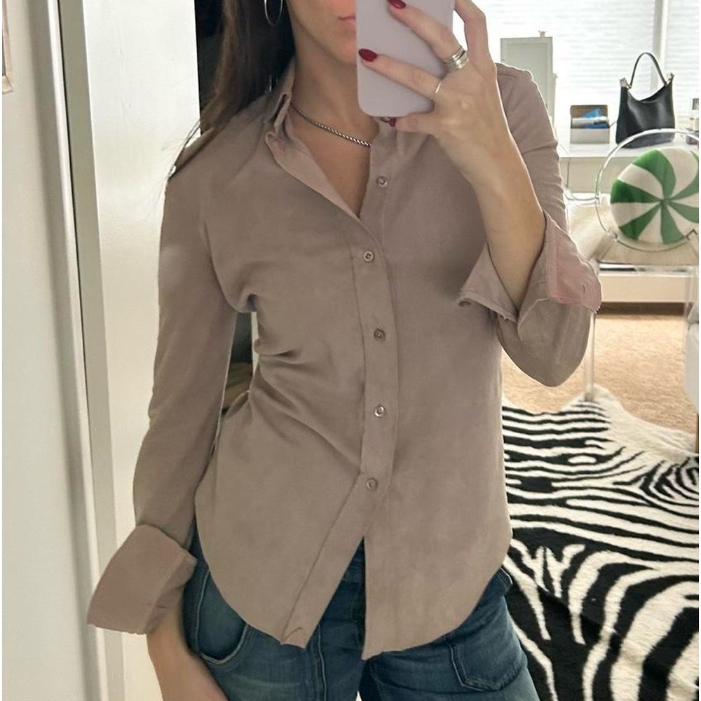 Ralph Lauren Purple Label Suede Button Down Top